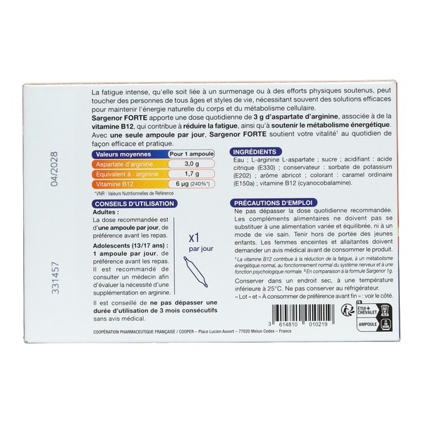 Sargenor Forte Arginine et vitamine B12 ampoules