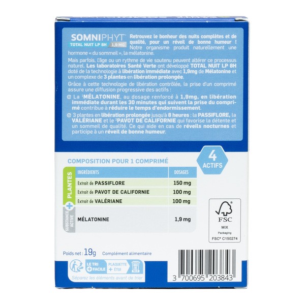Santé Verte Somniphyt Total Nuit LP 8H 1,9 mg comprimés