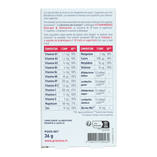 Granions Vitamineris Energie et Immunité comprimés