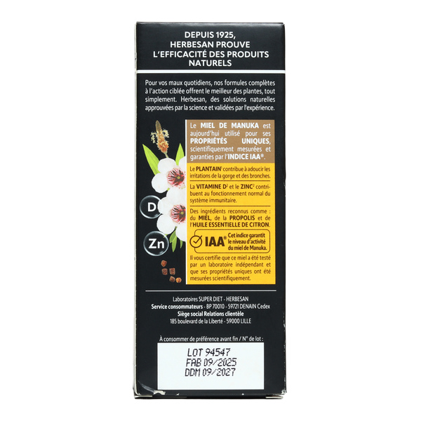 Herbesan sirop Gorge et bronches Miel de Manuka IAA 15+