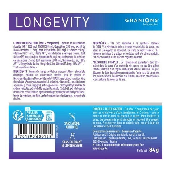 Granions complexe Longevity NADH comprimés