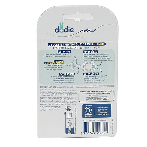 Dodie extra sucette anatomique silicone Nuit 0-6 mois