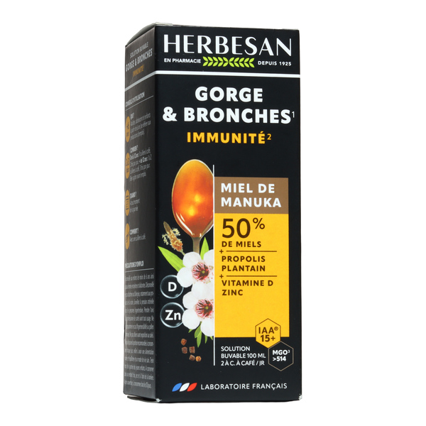 Herbesan sirop Gorge et bronches Miel de Manuka IAA 15+