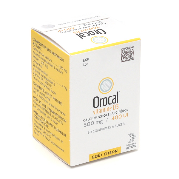 Vitamine D3 Calcium Cholécalciférol Orocal 500mg/400UI Comprimés à sucer