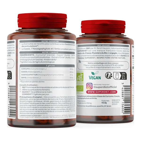 Super Diet Quatuor Curcuma Cassis Harpagophytum et Ortie bio gélules