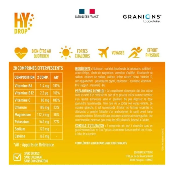 Granions Hydrop Boost Caféine Vitamines et Minéraux comprimés