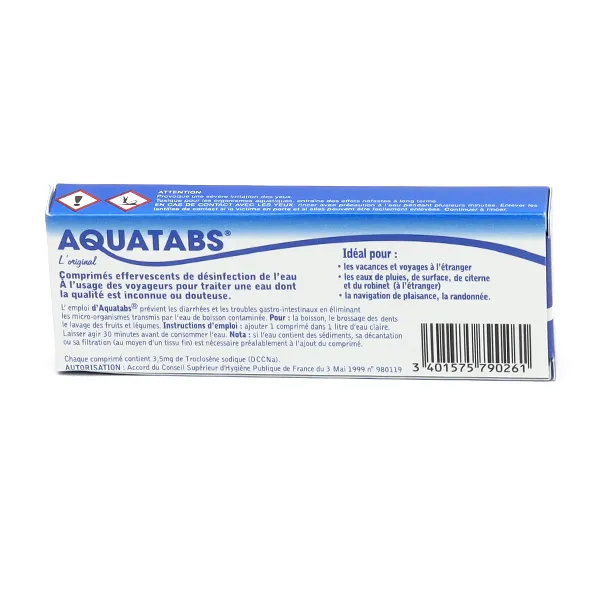 Aquatabs désinfection de l'eau comprimés effervescents