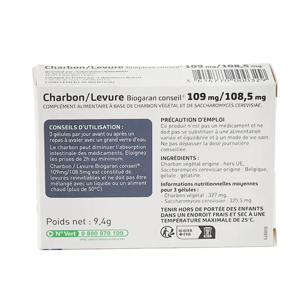 Charbon Levure Biogaran 109 mg/108,5 mg gélules