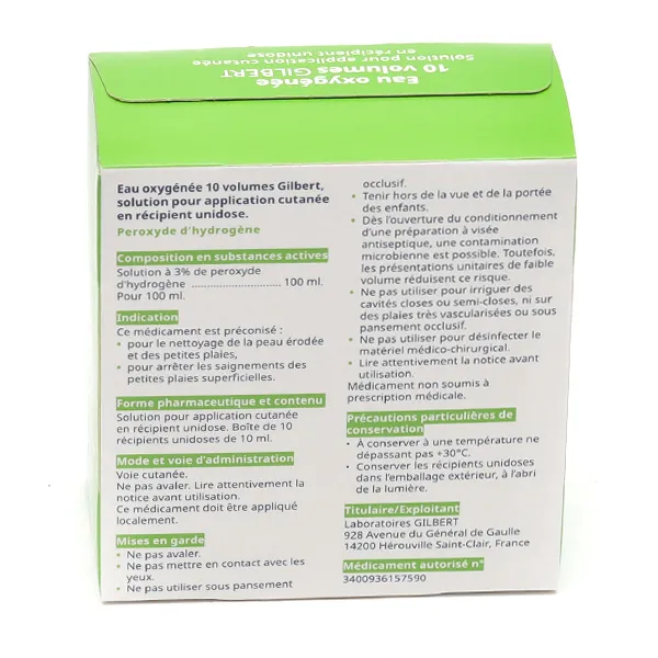 Eau oxygénée 10 volumes Gilbert unidoses