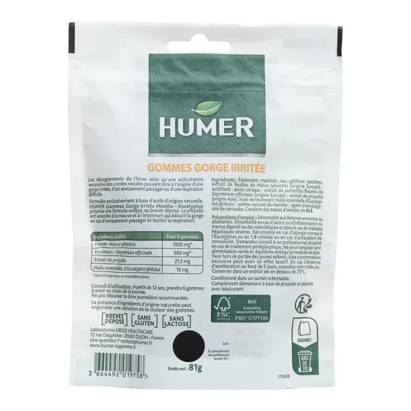 Humer Gommes Gorge irritée Menthe Eucalyptus