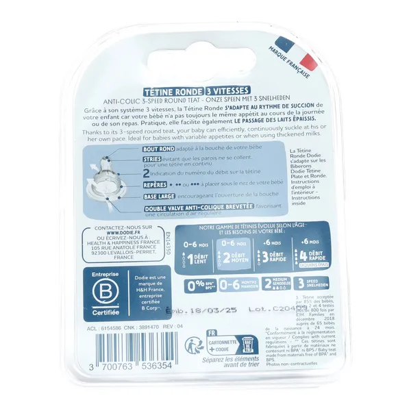 Dodie Tétine ronde anti colique 3 vitesses