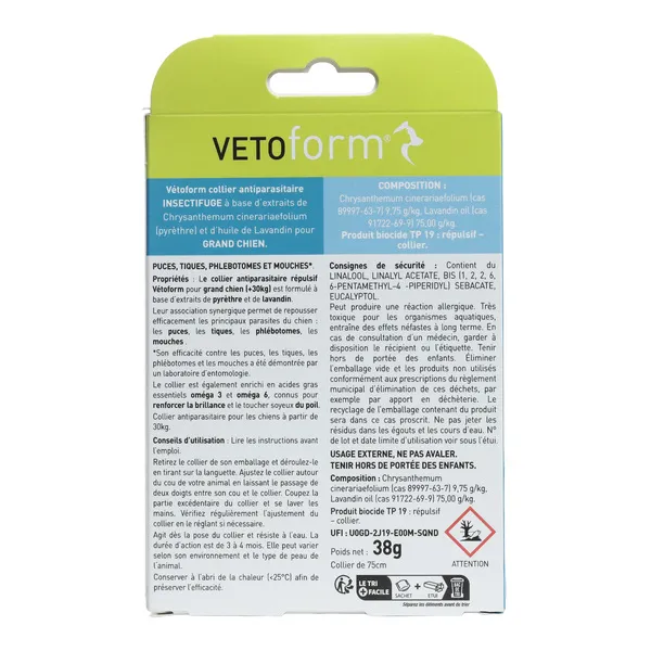 Vetoform Antiparasitaire Collier insectifuge grand chien +30 kg