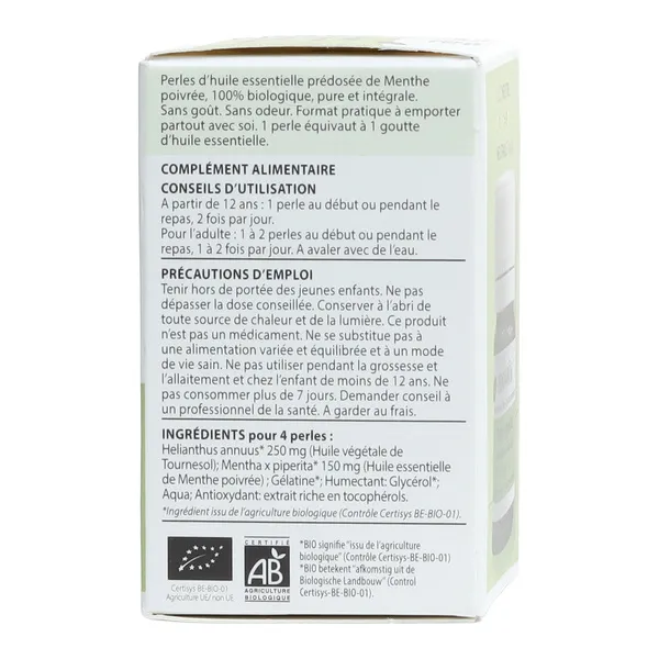 Pranarom Perles d'huile essentielle de Menthe poivrée Bio capsules