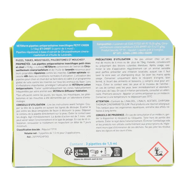 Vetoform antiparasitaire pour chien en pipettes