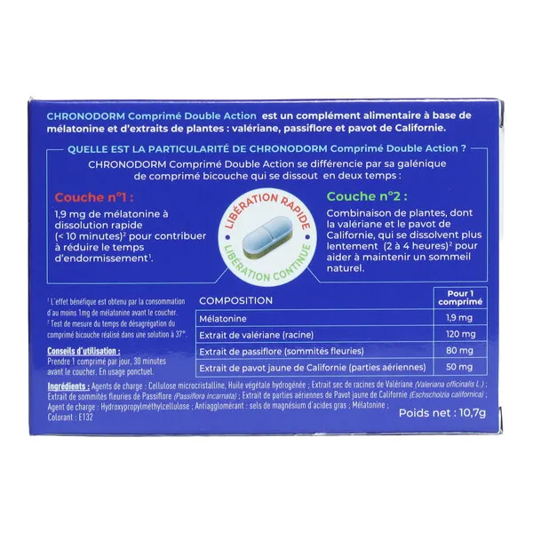 Chronodorm comprimé Double action Mélatonine 1,9 mg et Plantes