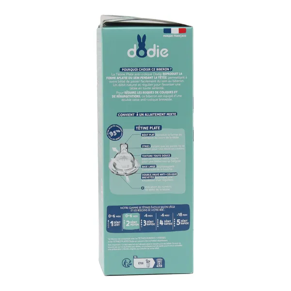 Dodie Biberon verre Tétine plate Débit moyen 270 ml