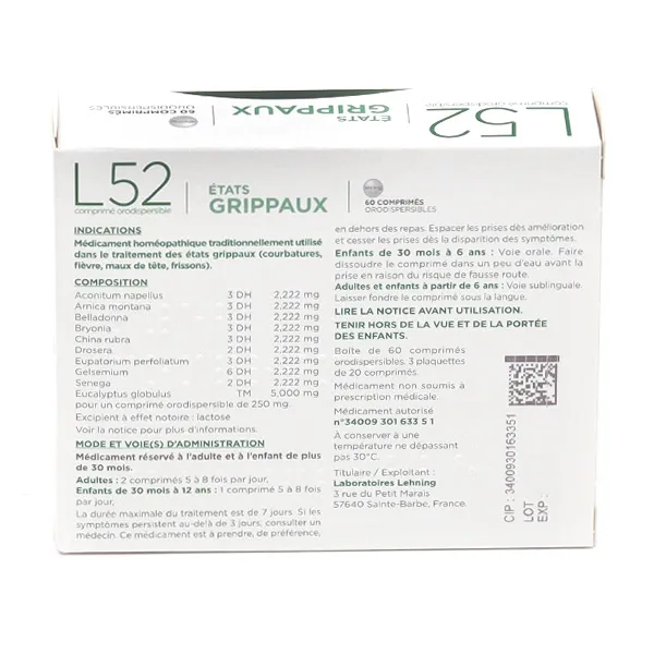 L52 Etat grippal comprimé orodispersible