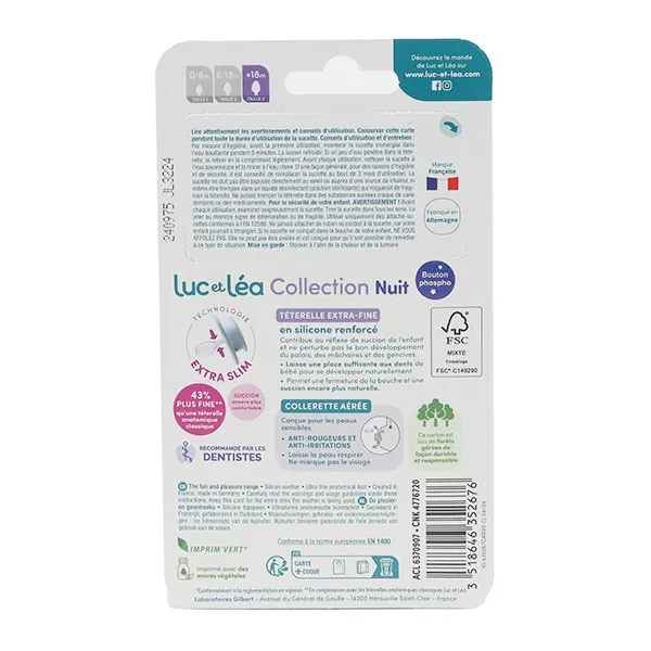 Luc et Léa Collection Sucette silicone anatomique nuit +18 mois