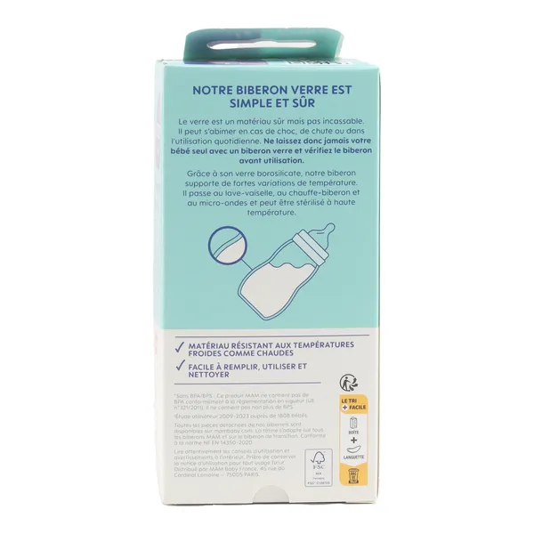 MAM Biberon verre Tétine plate débit lent 170 ml