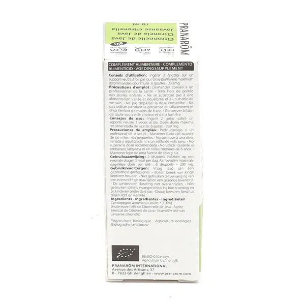 Pranarom huile essentielle Citronnelle de java bio