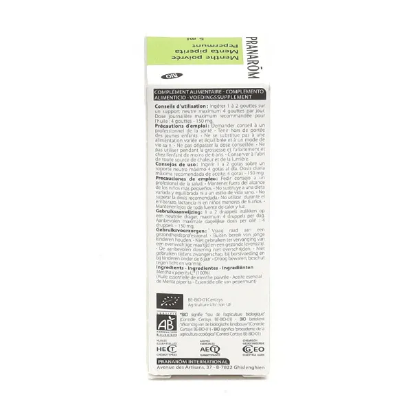 Pranarom huile essentielle de Menthe poivrée Bio