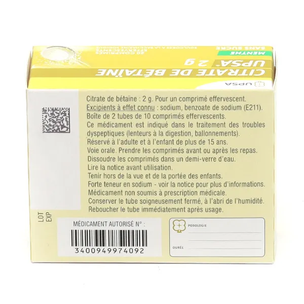 Citrate de Betaine 2 g effervescent Menthe UPSA