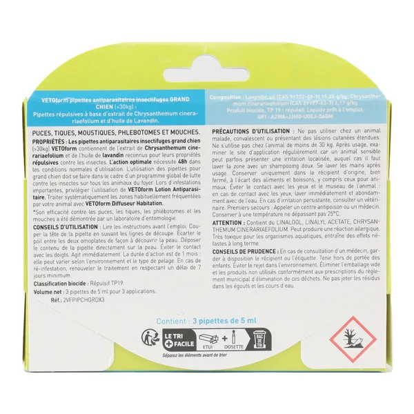 Vetoform antiparasitaire pour chien en pipettes