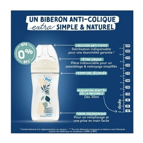 Dodie extra Biberon anti colique tétine multi perforée