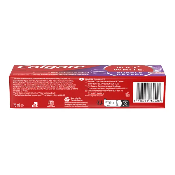 Colgate dentifrice MaxWhite Purple reveal