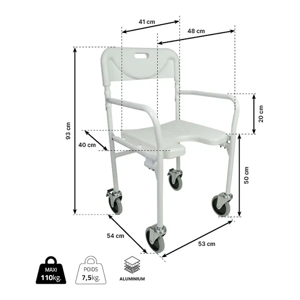 Chaise de douche pliable à roulettes Tobago