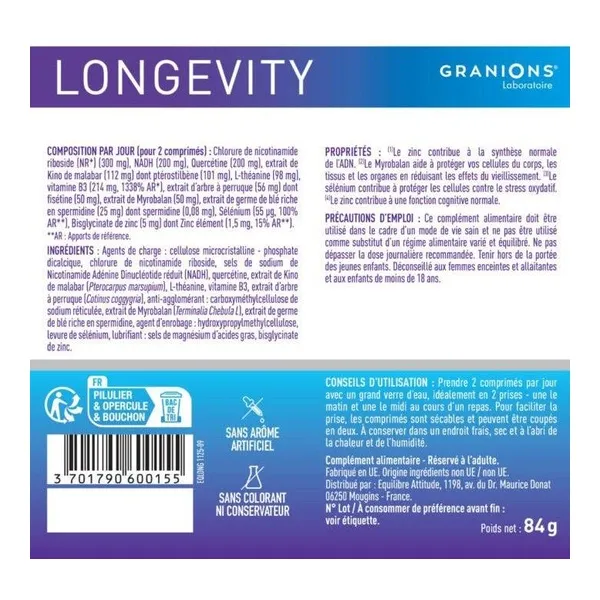 Granions complexe Longevity NADH comprimés