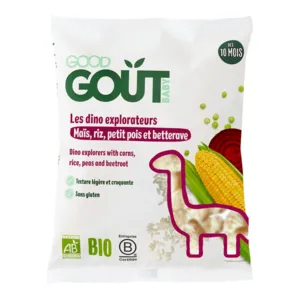 Biscuits soufflés Good Goût Maïs Riz Petits pois Betterave bio Dino