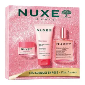 Coffret Nuxe Very Rose les Iconiques en rose mains ongles cheveux lèvres